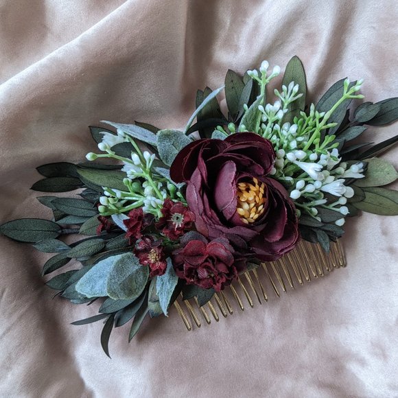 Bridal hair comb - Eucalyptus Burgundy Red Flower with Greenery - Picture 4 of 8